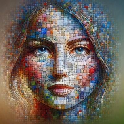 The primary subject of the image is a woman's face, which is the main focus of the image. The setting is a colorful mosaic, with the woman's face made up of various colored tiles. The visual style is a combination of digital art and illustration, creating a unique and artistic representation of the woman's face. The colors and mood of the image are vibrant and lively, with the woman's face being the center of attention in the colorful mosaic.